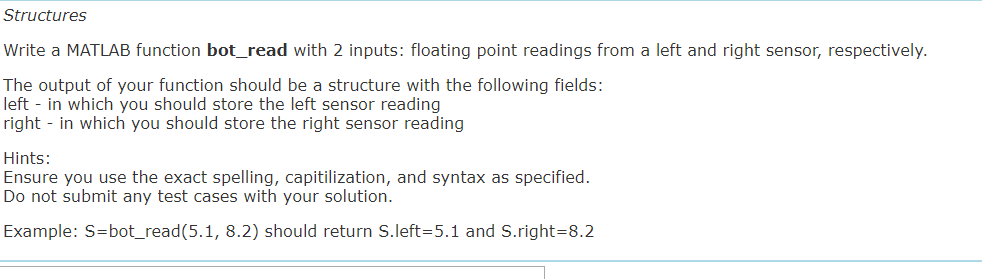 Solved Structures Write a MATLAB function bot_read with 2 | Chegg.com