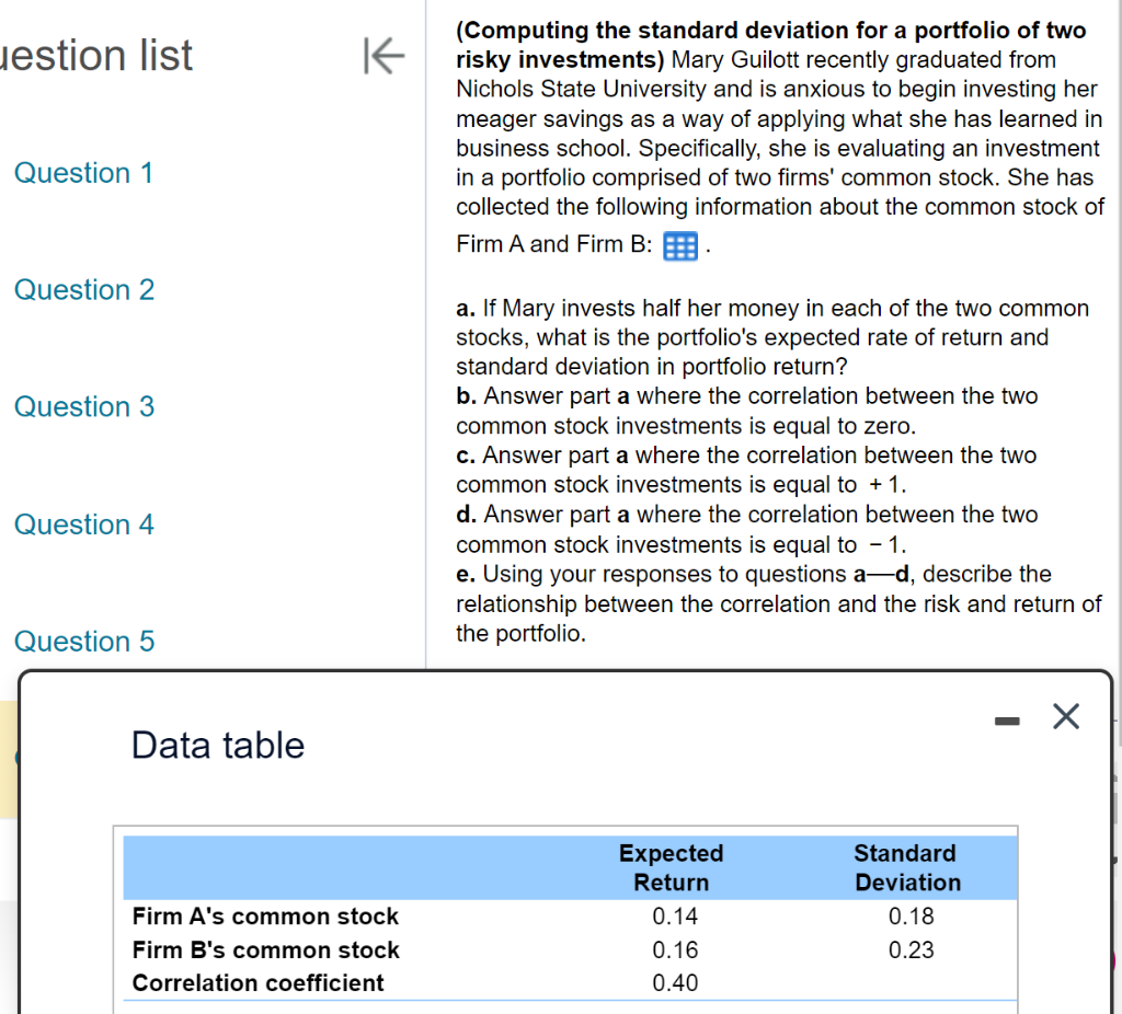 Solved (Computing The Standard Deviation For A Portfolio Of | Chegg.com