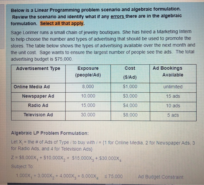 Solved Below is a Linear Programming problem scenario and | Chegg.com