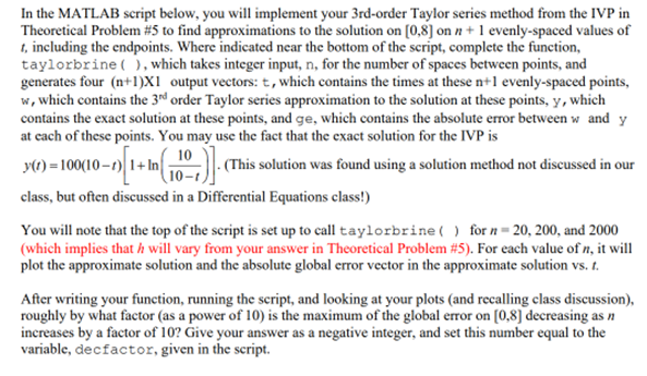 In the MATLAB script below, you will implement your | Chegg.com