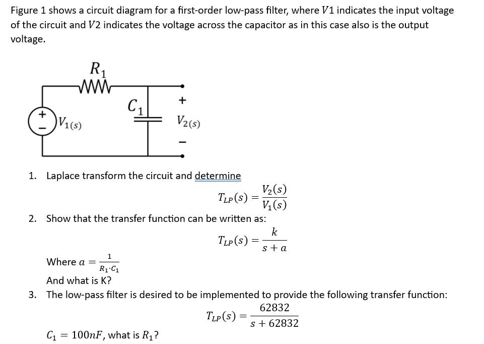 Figure 1 shows a circuit diagram for a first-order low-pass filter, where \( V 1 \) indicates the input voltage of the circui