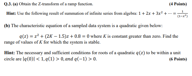 Solved (4 Points) Q.3. (a) Obtain the Z-transform of a ramp | Chegg.com