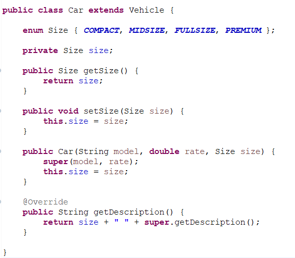 Solved public class Car extends Vehicle \{ enum Size \{ | Chegg.com