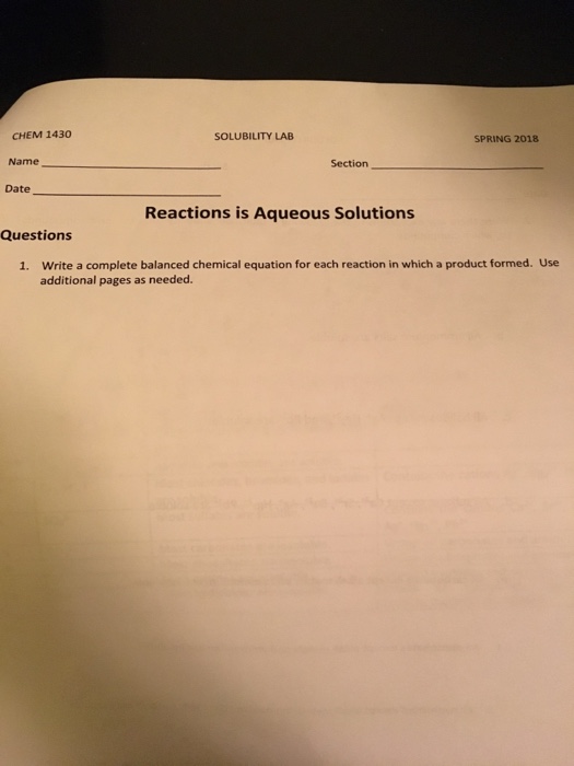 Solved CHEM 1430 Name Date SOLUBILITY LAB Section Reactions | Chegg.com