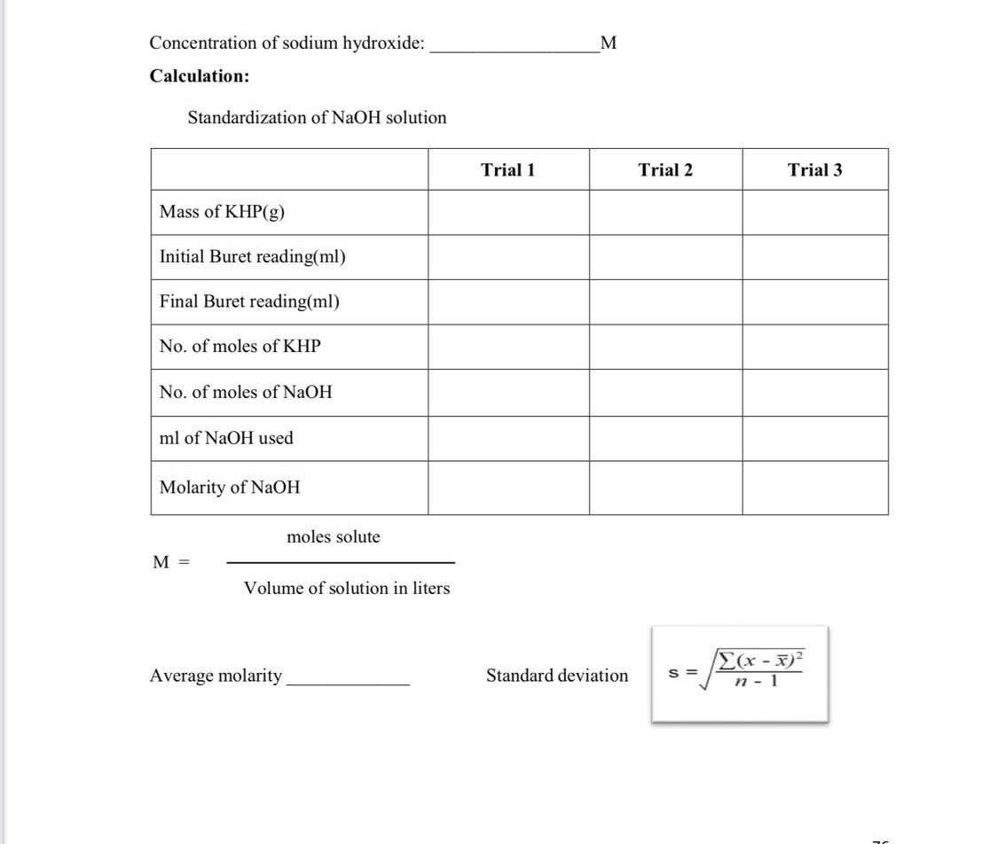 M Concentration of sodium hydroxide: Calculation: | Chegg.com