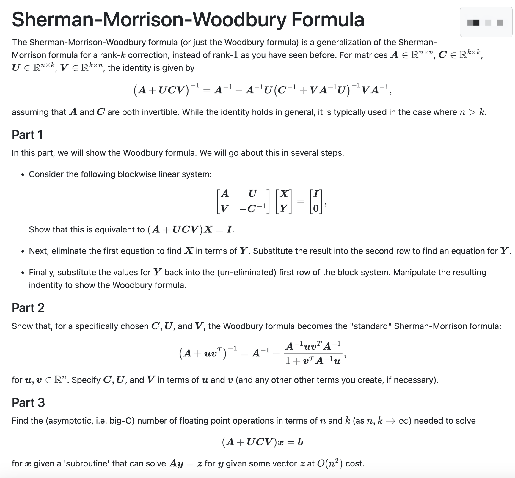 Solved The Sherman-Morrison-Woodbury formula (or just the | Chegg.com