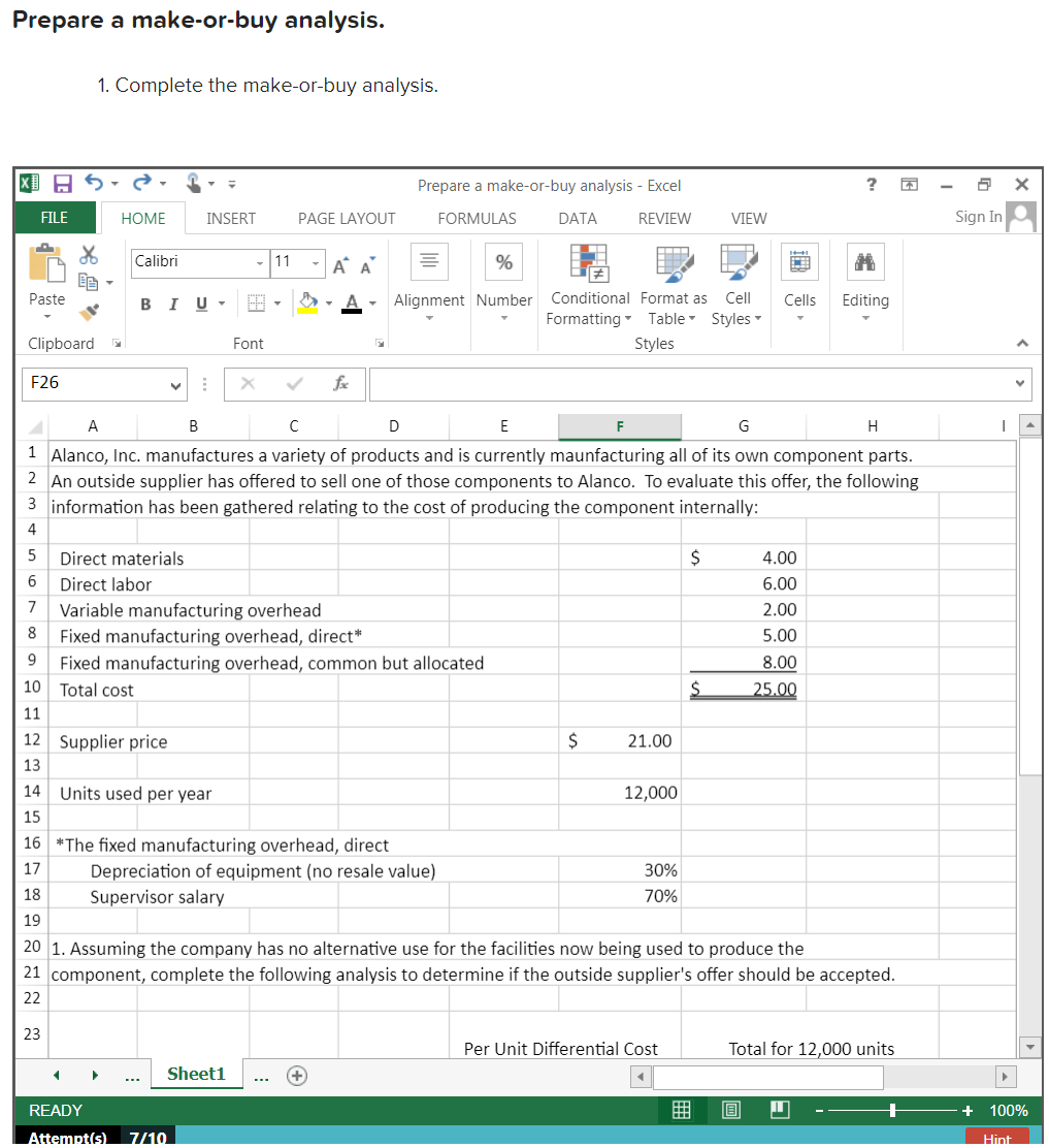 Solved Prepare a make-or-buy analysis. 1. Complete the | Chegg.com