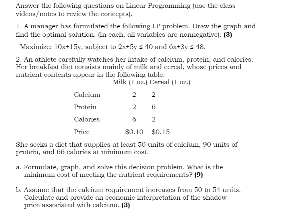 Solved Answer the following questions on Linear Programming | Chegg.com