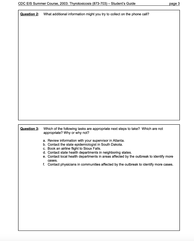 Solved CDC EIS Summer Course, 2003: Thyrotoxicosis (873-703) | Chegg.com