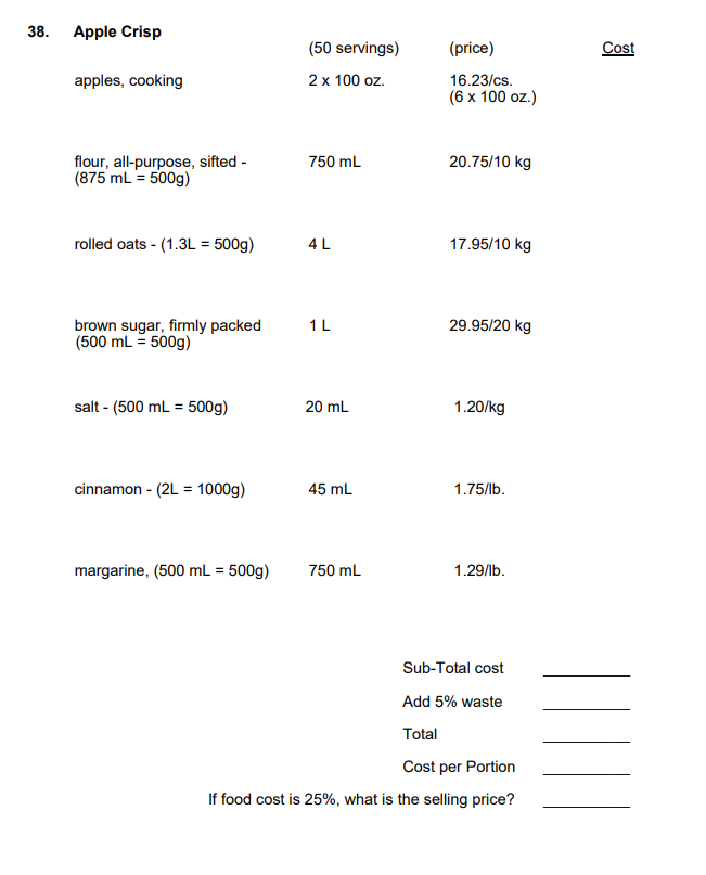 Solved (500 mL=500 g) salt - (500 mL=500 g)20 mL1.20/kg | Chegg.com