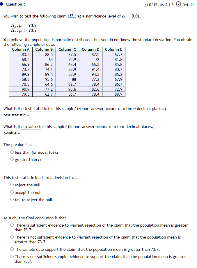 Solved Question 5 B0/15 pts 3 Details 0.01. You wish to test | Chegg.com