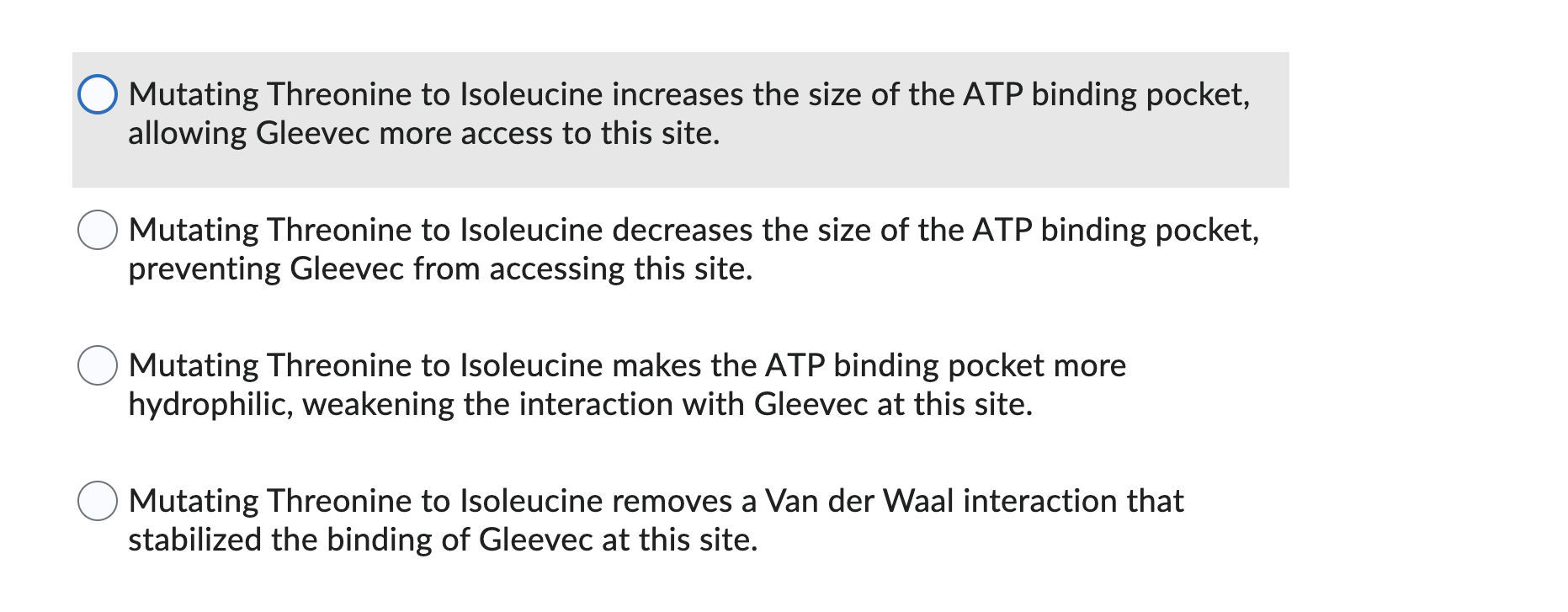 Mutating Threonine to Isoleucine increases the size of the ATP binding pocket, allowing Gleevec more access to this site.

Mu