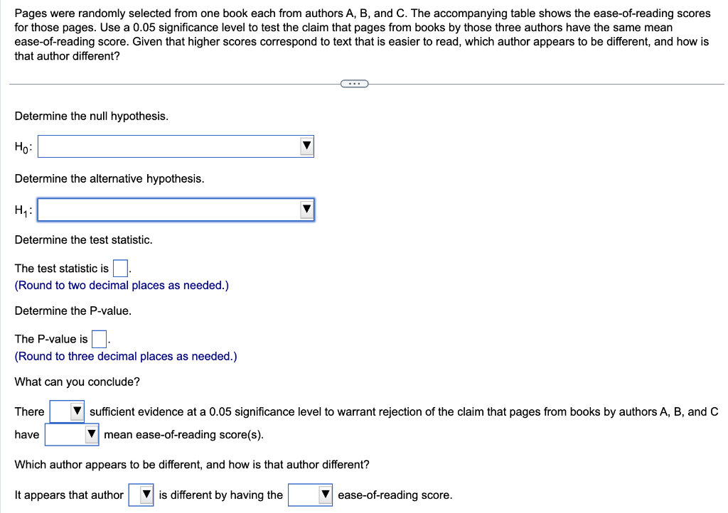 Pages were randomly selected from one book each from authors A, B, and C. The accompanying table shows the ease-of-reading sc