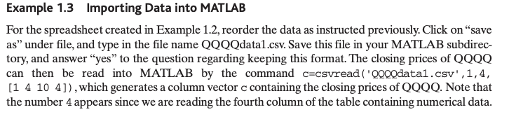 Example 1.3 Importing Data into MATLAB For the | Chegg.com