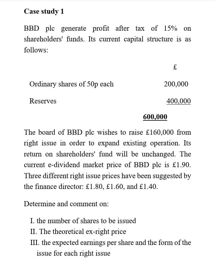 Solved Case study 1 BBD plc generate profit after tax of 15