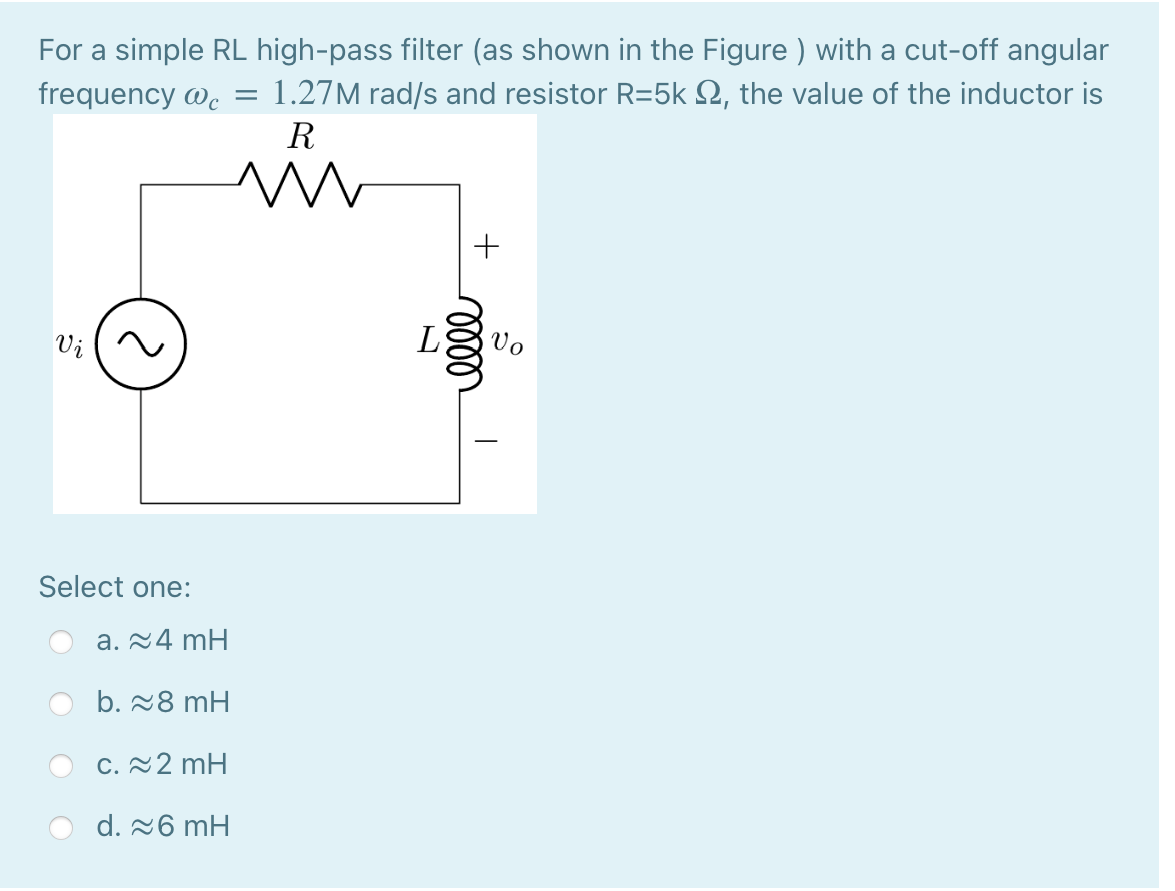 Solved = For a simple RL highpass filter (as shown in the