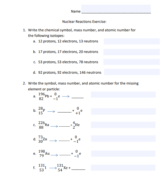 Nuclear Math Problems Solved Name Nuclear Reactions Exercise: 1. Write the | Chegg.com