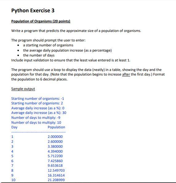 Solved Python Exercise 3 Population of Organisms (20 points) | Chegg.com