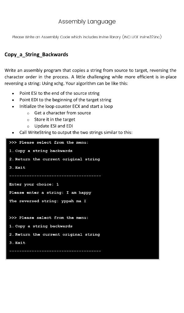 Solved Assembly Language Please Write An Assembly Code Which | Chegg.com