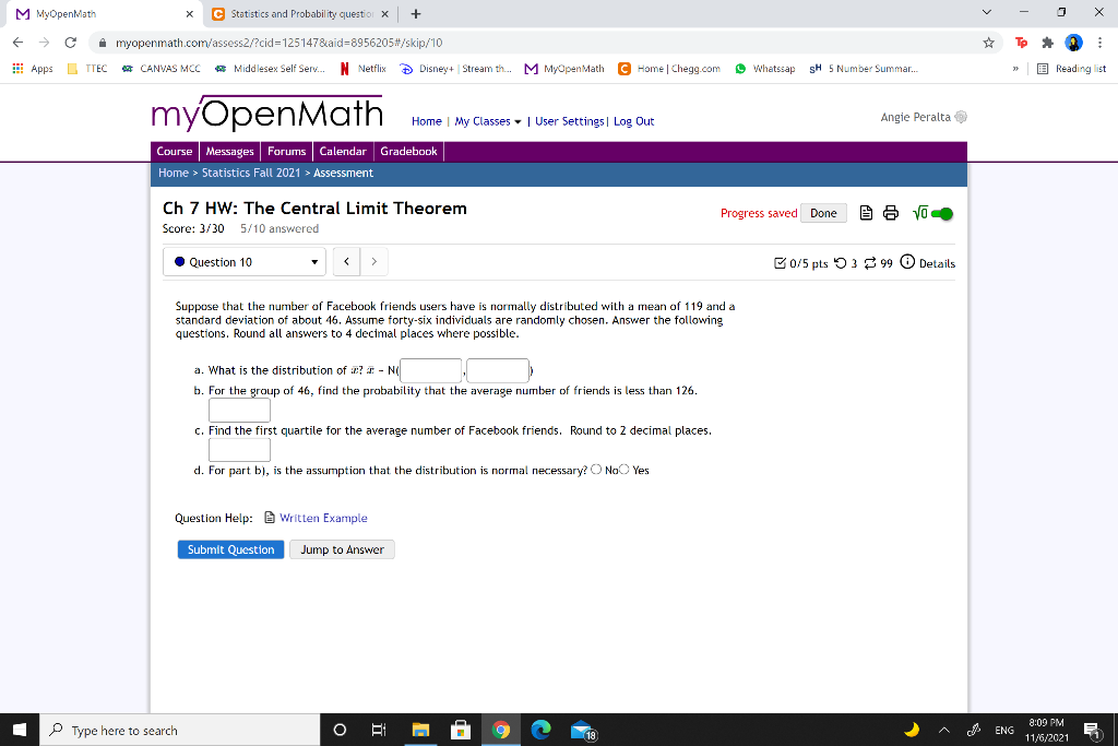 M Myopenmath X C Statistics And Probability Questio X Chegg Com