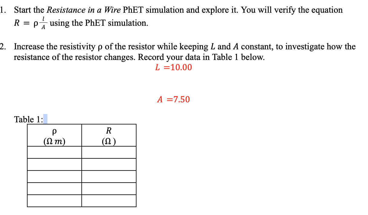 1. Start The Resistance In A Wire PhET Simulation And | Chegg.com