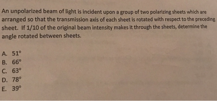 Solved An unpolarized beam of light is incident upon a group | Chegg.com