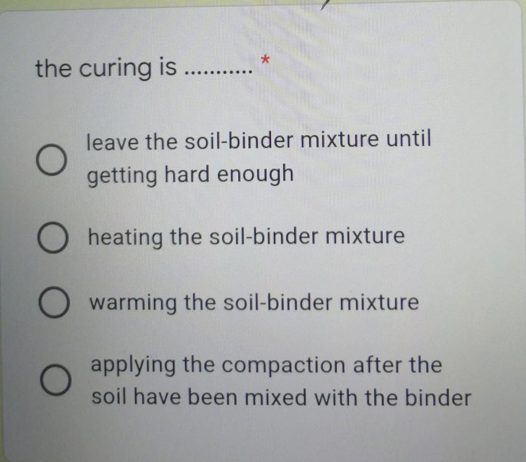 Solved the curing is .OOOO.. leave the soilbinder mixture