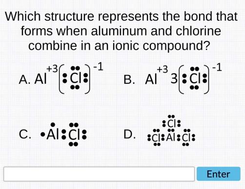 Which structure represents the bond that forms when aluminum and chlorine combine in an ionic compound?
A. \( A l^{+3}(\stack