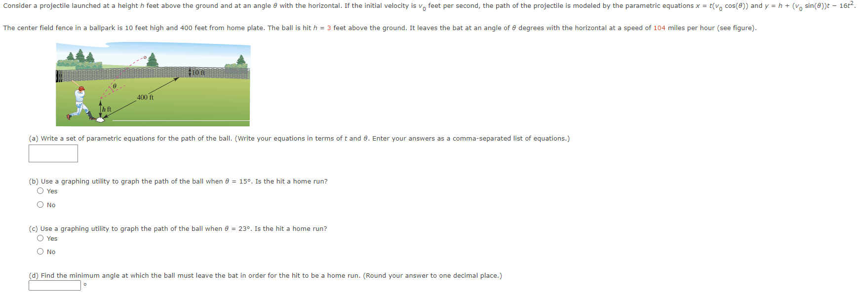 (a) Write a set of parametric equations for the path of the ball. (Write your equations in terms of \( t \) and \( \theta \).