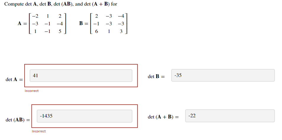 Solved Compute Det A, Det B, Det (AB), And Det (A + B) For | Chegg.com