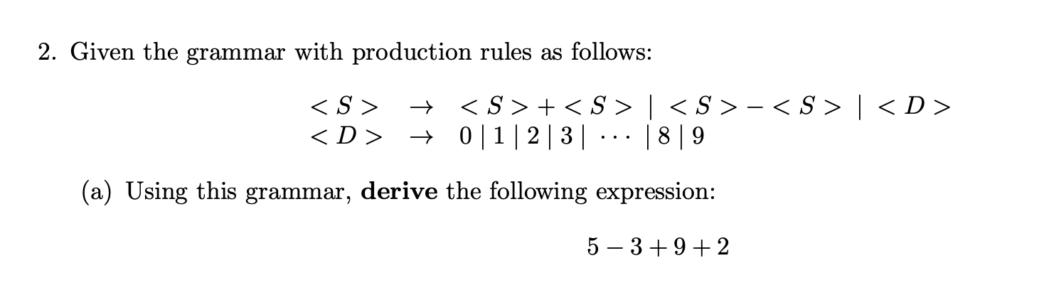 Solved 2. Given the grammar with production rules as | Chegg.com