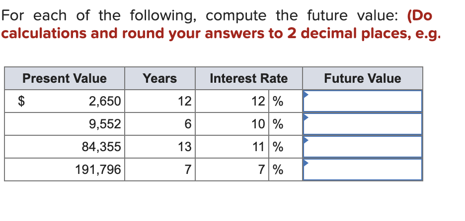 Solved For each of the following, compute the future value: | Chegg.com