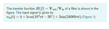 Solved The transfer function H(f) = Vout/Vin of a filter is | Chegg.com