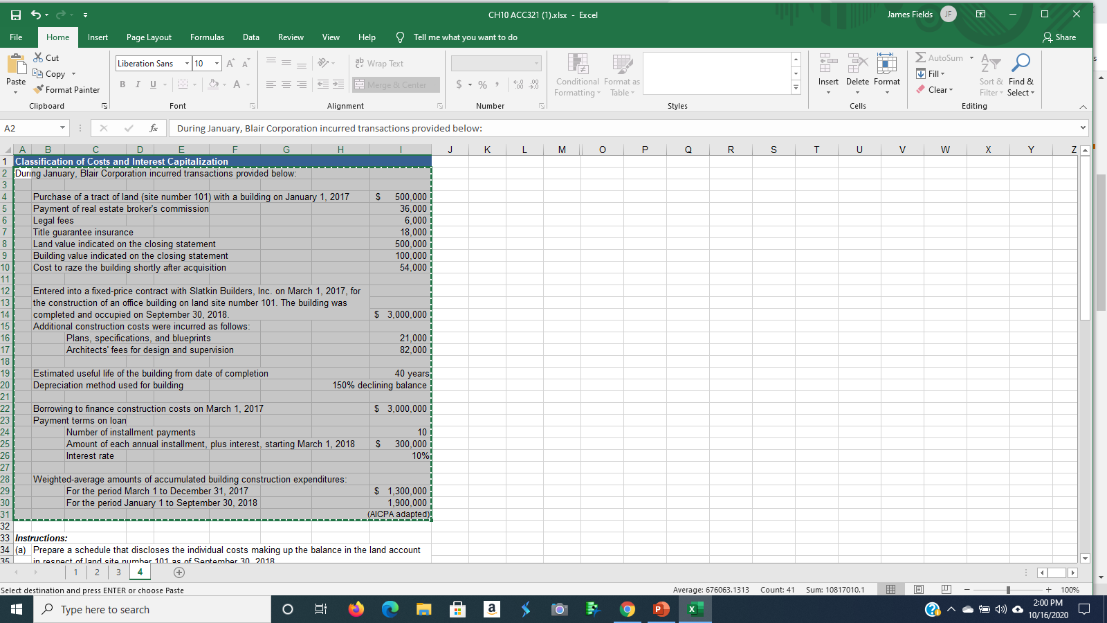 Solved 5. CH10 ACC321 (1).xlsx - Excel James Fields х File | Chegg.com