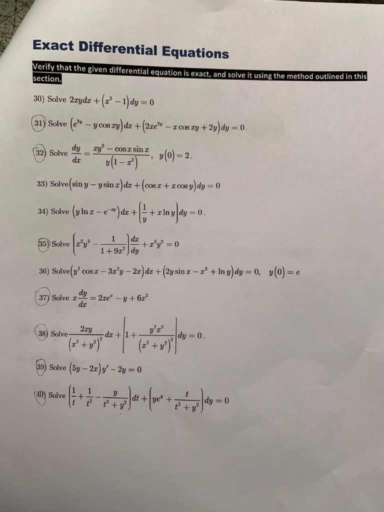 Solved Exact Differential Equations Verify that the given | Chegg.com