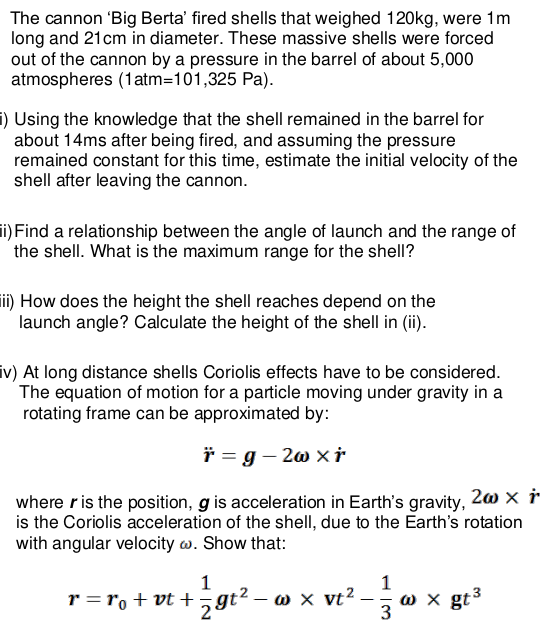 Solved The Cannon Big Berta Fired Shells That Weighed Chegg Com