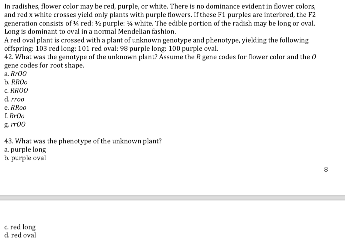 Solved In radishes, flower color may be red, purple, or