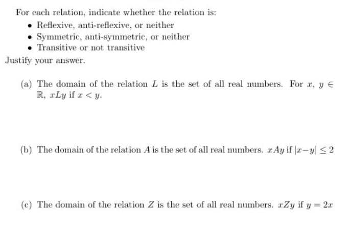 Solved For each relation, indicate whether the relation is: | Chegg.com