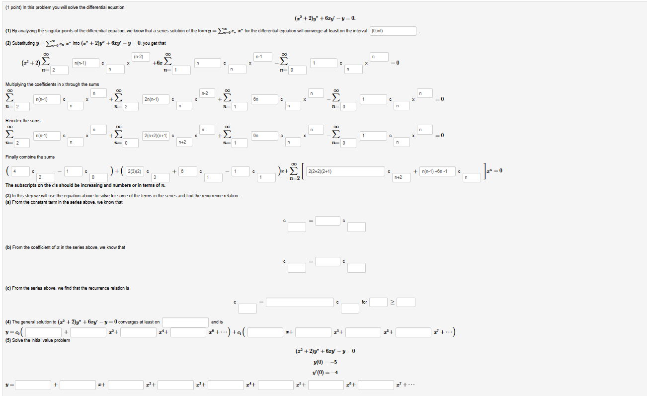 (1 point) In this problem you will solve the differential equation
\[
\left(x^{2}+2\right) y^{\prime \prime}+6 x y^{\prime}-y