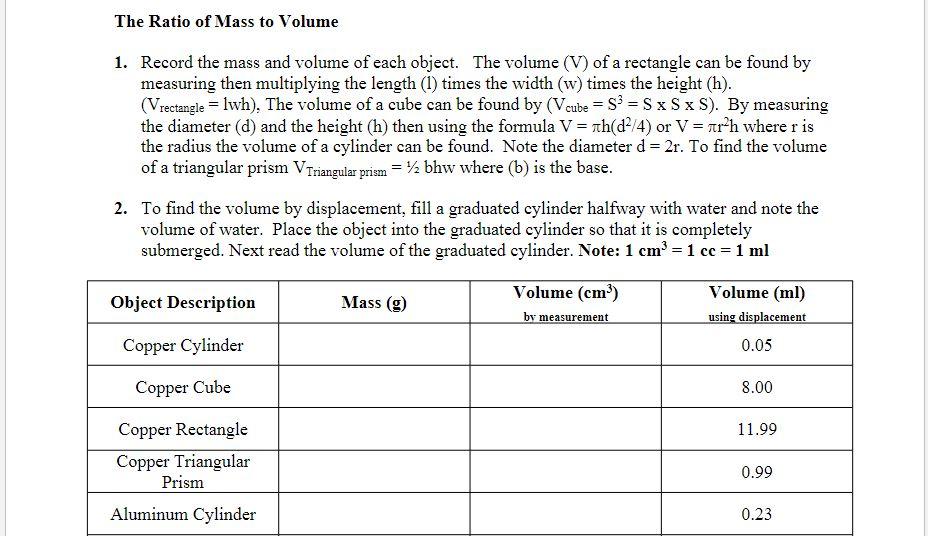 the ratio that compares the mass of an object to its volume