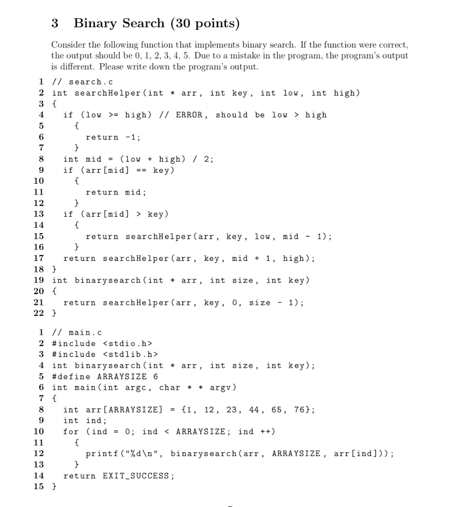 Solved 3 Binary Search (30 points) Consider the following | Chegg.com