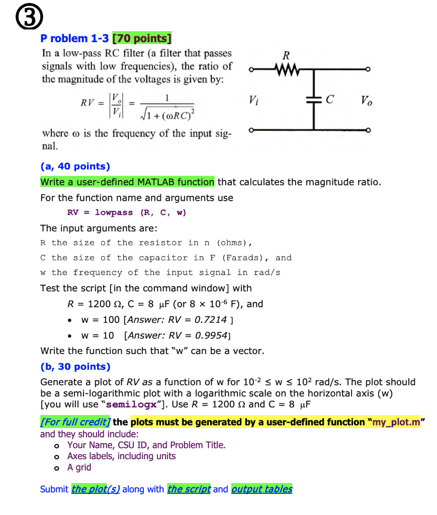 Solved R © Problem 1-3 [70 points] In a low-pass RC filter | Chegg.com