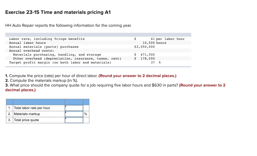 Exercise 23 15 Time And Materials Pricing A1 Hh Auto Chegg Com