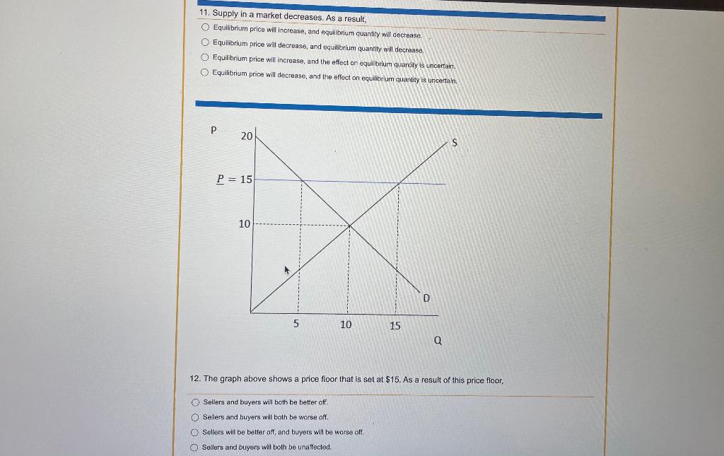 Solved 11. Supply in a market decreases. As a result, | Chegg.com