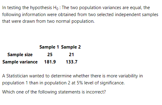 Solved In testing the hypothesis Ho: The two population | Chegg.com