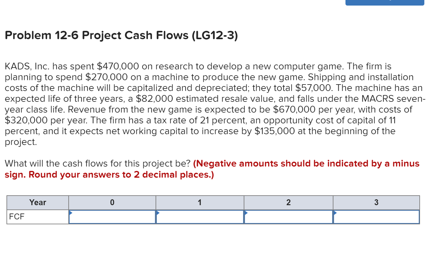 Solved Problem 12-6 Project Cash Flows (LG12-3) KADS, Inc. | Chegg.com