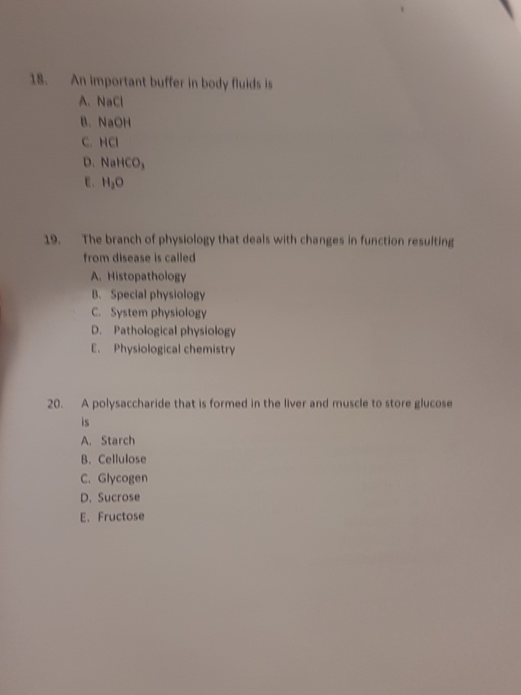 Solved 18. An important buffer in body fluids is A. Nacl t,