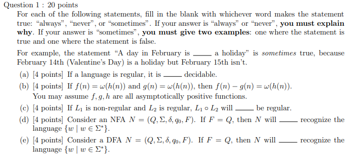 Solved Question 1: 20 points For each of the following | Chegg.com