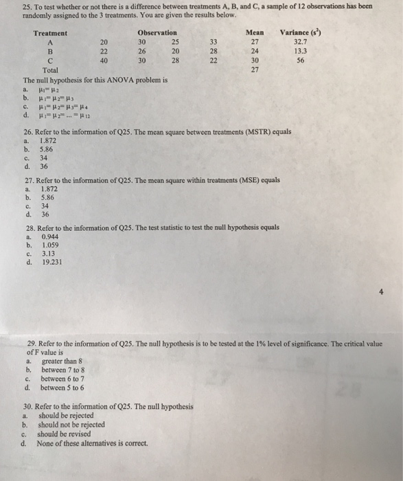 Solved 25. To test whether or not there is a difference | Chegg.com
