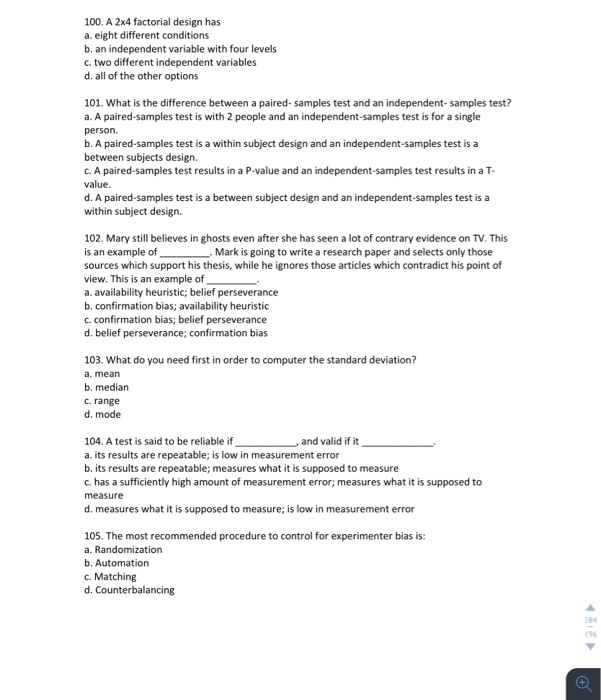 Solved 100. A 2x4 factorial design has a. eight different | Chegg.com